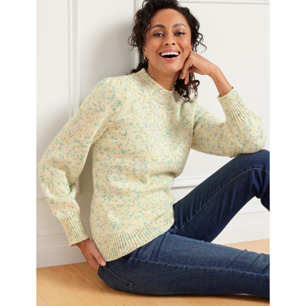 Talbots Speckled Mock Neck Puff Sleeve Sweater Cream Multi Color XS
